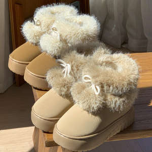 Nouvelle tendance de la mode, bottes de neige hautes à semelle épaisse, à double boule, à bordure en dentelle, en coton, pour femmes, automne-hiver, doublées de velours, chaudes, antidérapantes - Product Image 4