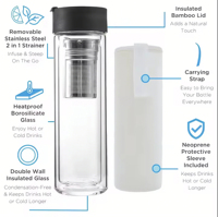 Bouteille d'eau en verre borosilicaté de qualité supérieure DAJI HYDRO à double paroi avec filtre et infuseur à thé Produit pour boissons