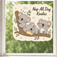 Autocollants personnalisés imperméables en PVC vinyle, motif koala kawaii, décalcomanie de fenêtre en forme de feuille, imprimé UV, autocollant décoratif électrostatique pour verre et mur