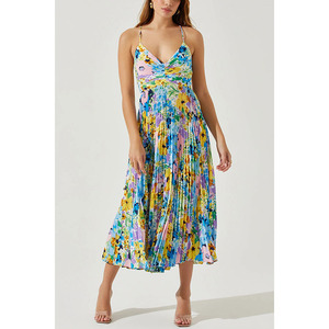 Nuovo Stile Abito da Spiaggia per le Vacanze con Scollo a V, Stampa Floreale, Senza Maniche, Plissettato, Abito <span class=keywords><strong>Midi</strong></span> alla Moda con Lacci - Product Image 3