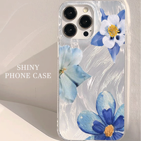 Coque de téléphone antichoc à motif floral bleu laser pour iPhone 16 15 17 Air 18 Pro Max 14 13, avec fil plume brillant