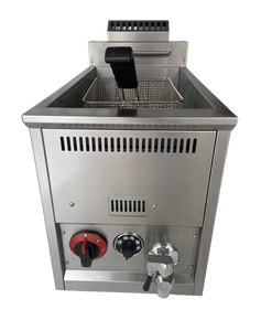 Nouvelle friteuse à gaz 220V avec valve de vidange, commerciale, de comptoir, en acier inoxydable, 18L, avec allumage, contrôle de température et <span class=keywords><strong>cheminée</strong></span> - Product Image 3