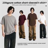 Kaos Unisex 230g Katun Combed Tebal Kerah Bulat Pria Longgar Polos Lengan Pendek Warna Solid Vintage Basic Kasual