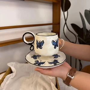 Vintage French Style Hand Painted Butterfly Pattern Irregular Finish Eco-Friendly Blue <b>Ceramic</b> 270ml Dishwasher Microwave <b>Cup</b> - Product Image 5