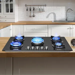 WINNINGSTAR ST-5660 sıcak satış siyah temperli cam 5 brülör gaz aşçı üstleri mutfak fırını