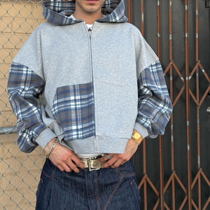 Produttori di abbigliamento vestiti personalizzati per gli uomini francese spugna 100% cotone a quadri Patchwork Color Block <span class=keywords><strong>giacca</strong></span> con cappuccio - Product Image 2