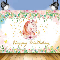 Toile de fond d'anniversaire licorne arc-en-ciel pour fille, bannière de fête licorne avec fleurs aquarelles colorées et paillettes dorées, pour bébé fille de 1 an
