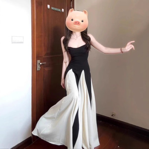 French Style Slim Fit Strapless Slip Dress High Waist Color Blocking Full Skirt Evening Dress Women Summer Fashion - Product Image 1