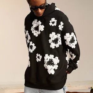 Warm Fleece Edgy Streetwear Hoodie Oversized Cozy Floral Sreen Print Men's Heavyweight Hoodie