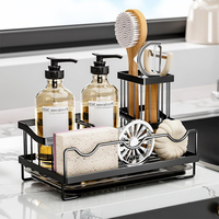 Support de rangement noir en métal pour évier de cuisine avec porte-éponge, porte-brosse et porte-savon, avec plateau d'égouttage