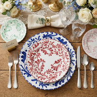 Ensemble de vaisselle en céramique ronde élégante de style baroque bleu floral, 12'', 10,5'', 8'', 6,5'', pour mariage, banquet, fête, vente en gros