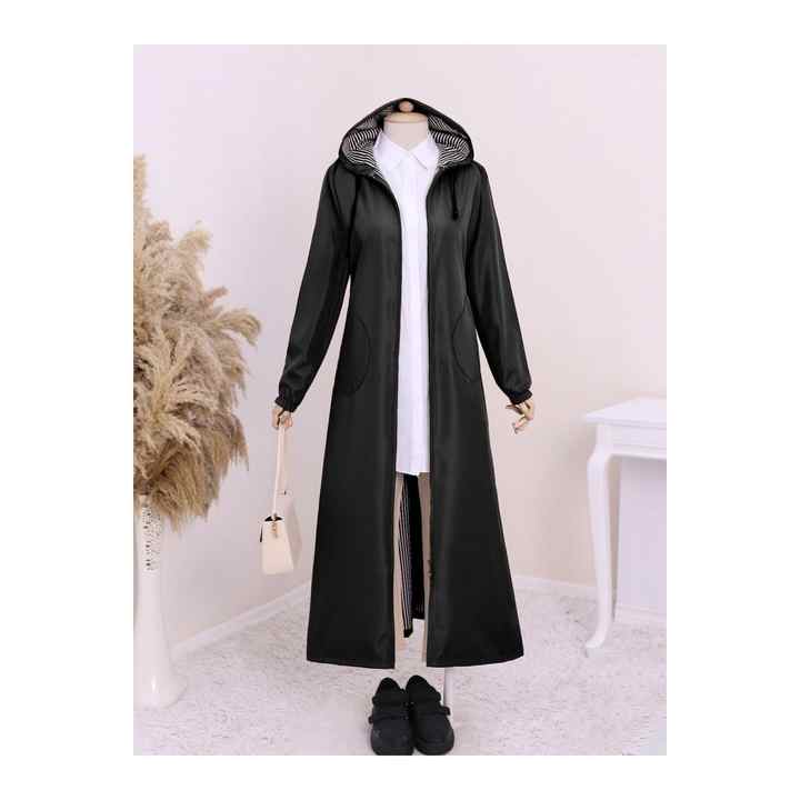 Zippered Hooded Trench Coat with Side Pockets