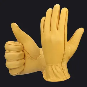 Deerskin-guantes de cuero genuino para hombre y mujer, guantes de cuero amarillo con logotipo privado personalizado para conducción de bicicleta, carreras y trabajo