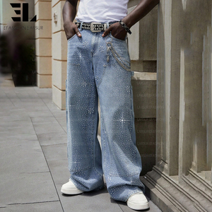 Pantalon de travail à double genouillère orné de strass, lavage délavé personnalisé LARSUR, jean cargo brillant orné de bijoux - Product Image 1