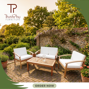 Contemporary Outdoor <b>Wood</b> <b>Sofa</b> Set with White Cushions for Garden Patio Furniture - Product Image 5