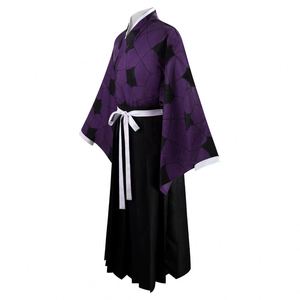 Costume de cosplay d'anime japonais, motif géométrique violet, kimono, tenue de samouraï Hakama pour Halloween, fête de carnaval - Product Image 4