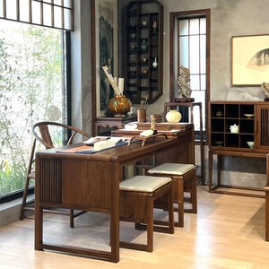 Nouveau bureau en bois massif de style chinois avec finition en noyer noir - Table à thé multifonctionnelle et combinaison d'écriture de style chinois - Product Image 1