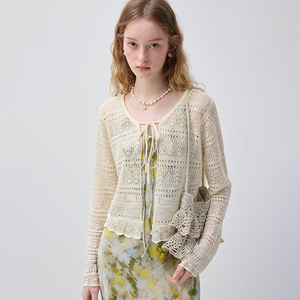 <span class=keywords><strong>Cardigan</strong></span> in maglia traforata bianco crema VEGA CHANG da donna con laccio frontale, maniche lunghe e vestibilità corta, casual, stile boho, estivo, per layering - Product Image 1