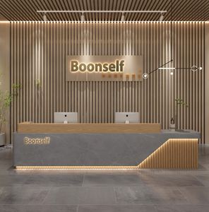 Entrega rápida grampos escritório móveis mesas recepção com parede traseira bronzeamento salão recepção mesas Top Fabricação - Product Image 1