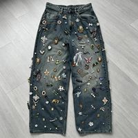 Jeans personnalisés pour hommes, style vintage délavé et vieilli avec décoration en strass, coupe droite, hip-hop unisexe