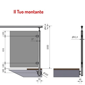 A4-L-UPRIGHT Ø 42.4 VERRE AVEUGLE DROIT POLI AISI 316 ACIER INOXYDABLE HAUTEUR DE FIXATION 1.00 m - Product Image 1