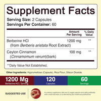 Capsules végétaliennes OEM de berbérine HCl, 120 unités, 1200 mg par portion, cannelle de Ceylan, équilibre métabolique quotidien, complément nutritionnel végétal