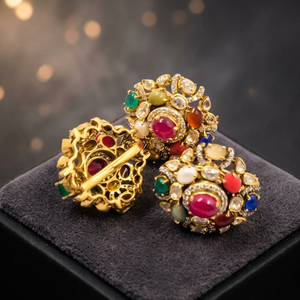 Pendientes de Clip Navratna Kundan de Plata de Ley 925 para Mujer, con Piedras Preciosas de Circonita Cúbica, Florales, para Boda, Joyería Tradicional - Product Image 2