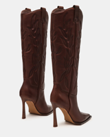 Bottines western à bout pointu et talon aiguille pour femmes, marron, brodées, hauteur genou