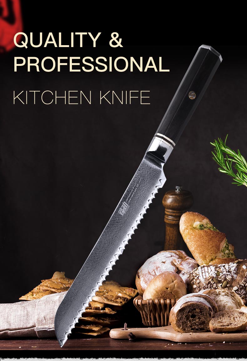 FINDKING 8 inch Knives Octagonal Handle 67 Layers Damascus Steel Kitchen Chef Knife Serrated Bread Knife