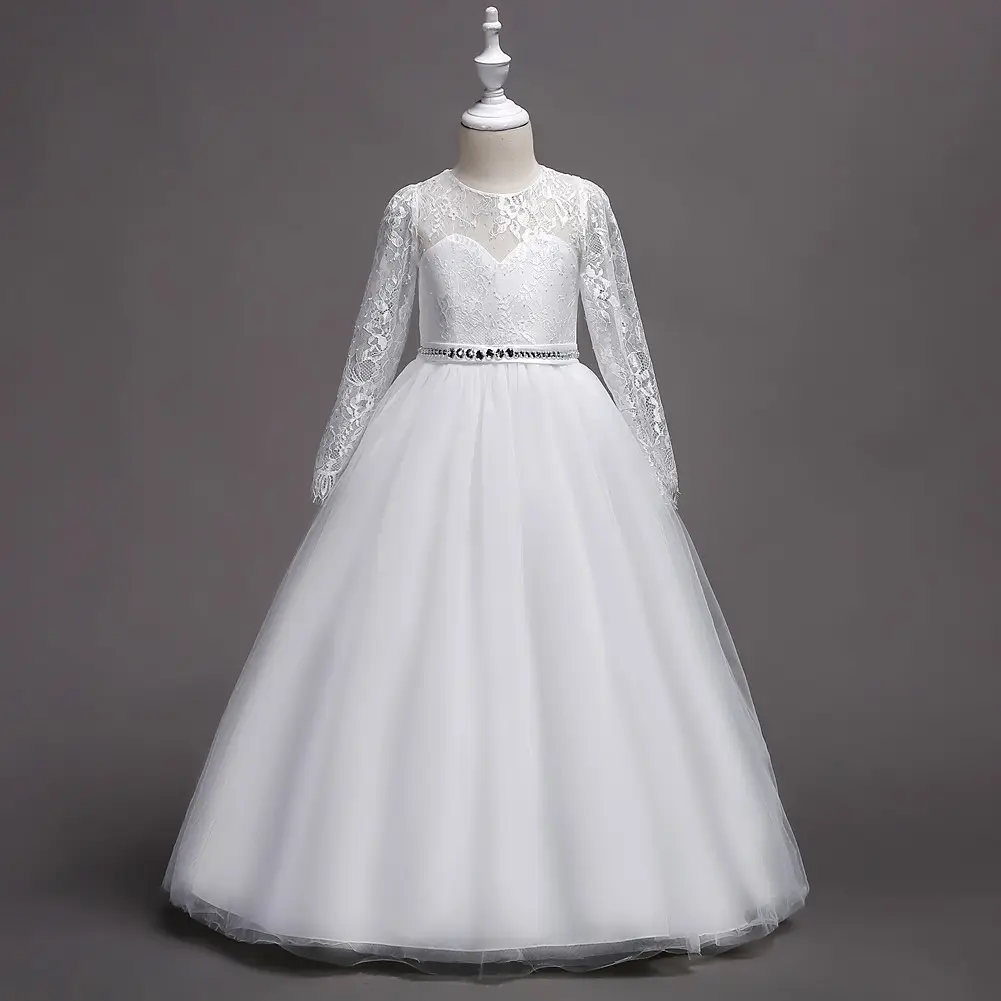 Dernières robes de communion blanches pour filles tenues formelles à manches longues robe de mariage pour filles fleuries robe d'occasion pour enfants