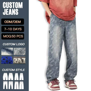 Pantalones <span class=keywords><strong>Vaqueros</strong></span> Anchos Personalizados de Alta Calidad con Estampado Láser, Pantalones de Mezclilla de Algodón Lavado para Hombre al por Mayor, Jeans de Mezclilla con Impresión de Logotipo Completo - Product Image 1