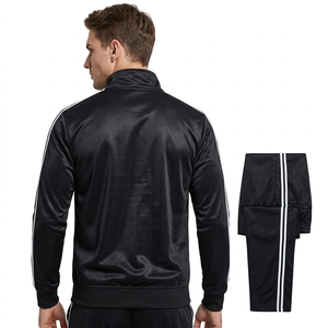 <b>Men's</b> Black Tracksuit Set Full Sleeve Stand Collar Zipper Closure Sporty Style Solid Color Breathable Polyester Autumn Wear - Product Image 1