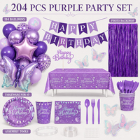 Ensemble de 204 pièces pour fête d'anniversaire sur le thème des papillons violets, kit de décoration d'anniversaire, assiettes, serviettes, nappe, ballons pour femmes et filles