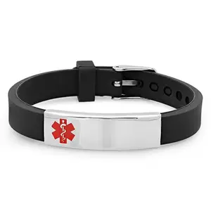 2401 meise Charm Jewelry Stainless Steel Black Red rubber silicone stainless steel Medical ID bracelet