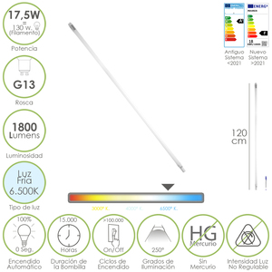 T8 <b>LED</b> <b>tube</b>, 120 cm, 17.5 Watt. Equivalent to 130 Watt. 1800 Lumens. Cool White 6500K. - Product Image 1