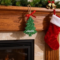 Personalisierte Weihnachtsbaum-Hängedekoration, grünes Glitzer-Ornament als Geschenk