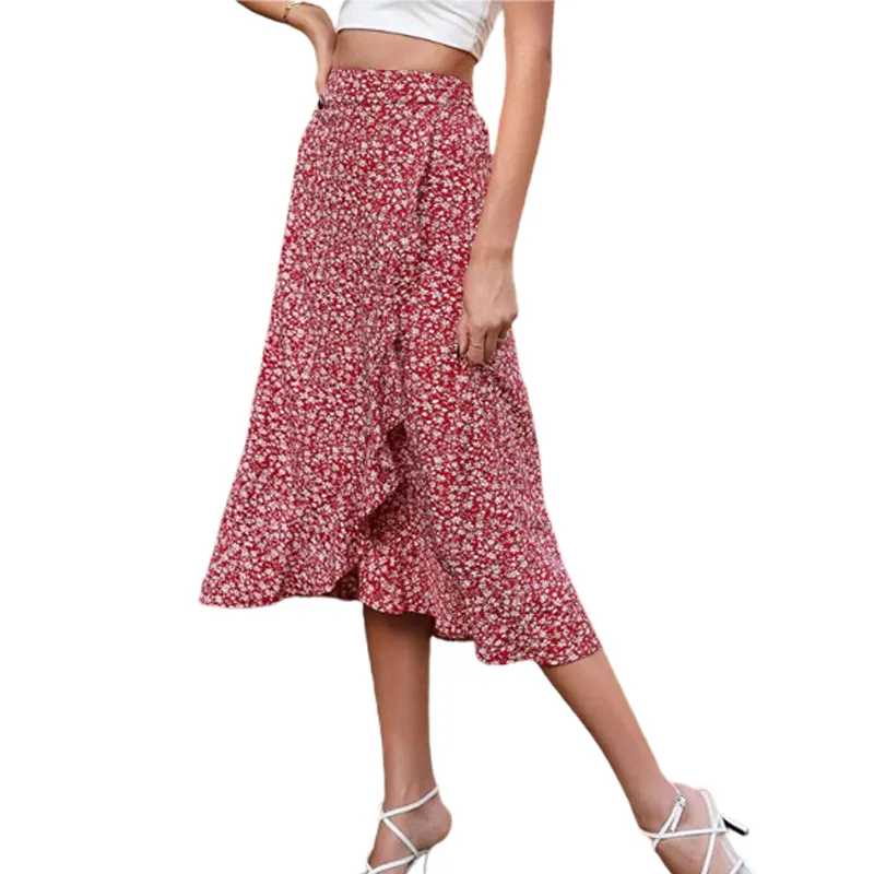 2022 New Summer Floral Print Ditsy Floral Red Irregular Long Skirts Women's Casual Holiday Mermaid Skirt