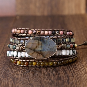 Labradorite Stone Vintage Leather Bracelet <strong>Mix</strong> Stones Beads Women 5 Layers Wrap Bracelet Boho Handmade Bracelet Jewelry Gift - Product Image 3
