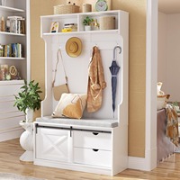 Porte-manteau moderne blanc 3 en 1, organisateur d'entrée, rangement à chaussures et banc avec crochets de porte de grange, étagères réglables