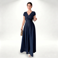 Vestido Maxi Elegante de Satén para Mujer, Corte en A, Cuello en V, con Mangas Cortas y Cintura Natural, Lavable, Romántico, para Otoño/Verano