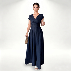 Abito lungo da donna elegante in raso tinta unita, modello A-line con scollo a V, maniche a cappuccio e vita naturale, lavabile, romantico, per primavera/autunno/<span class=keywords><strong>estate</strong></span> - Product Image 4