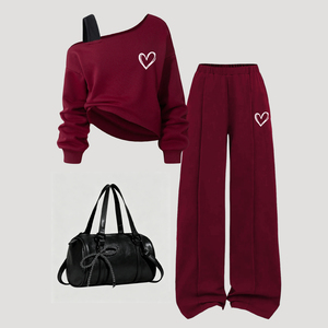 Elegante Completo Due Pezzi <span class=keywords><strong>per</strong></span> Ragazze Adolescenti Rosso Vino Top con Stampa Cuore Senza Spalline e <span class=keywords><strong>Pantaloni</strong></span> a Gamba Larga Outfit Casual Quotidiano Spedizione Rapida - Product Image 1