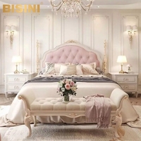 Banc de bout de lit en velours rose, banc de lit princesse français artisanal avec cadre en bois sculpté, banc rembourré pour chambre à coucher pour filles