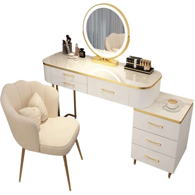 Coiffeuse nordique de luxe pour femme, coiffeuse, Table de maquillage, en cuir et acier inoxydable, avec miroir intelligent et tabouret