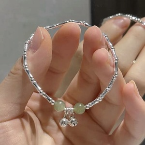 S925 Sterling Silver Bamboo Bell <b>Bracelet</b> With Jade <b>Beads</b> Unisex Gift Jewelry - Product Image 1