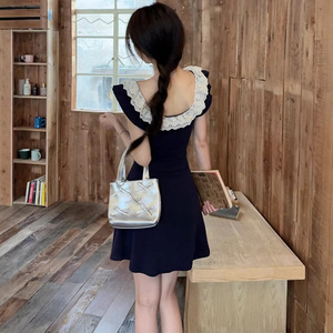 Lace Trimmed U Neck A Line Bodycon Dress Natural Waist Leisure Daily Wear Short Sleeve Casual Dress - Product Image 2