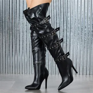 Bottes longues pour femme, à bout pointu, avec fermeture éclair, bride à boucle étroite, talons aiguilles sexy, pour l'hiver - Product Image 3