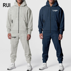 RUIQUWIN Ensemble de survêtement d'hiver 2 pièces décontracté et minimaliste pour hommes, chaud, couleur unie, sweat à capuche zippé, pantalon de survêtement coupe-vent - Product Image 1