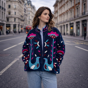 Veste en velours faite main avec une touche artistique audacieuse, broderie Suzani colorée d'oiseaux, manteau d'hiver pour femme, style bohème vintage - Product Image 1