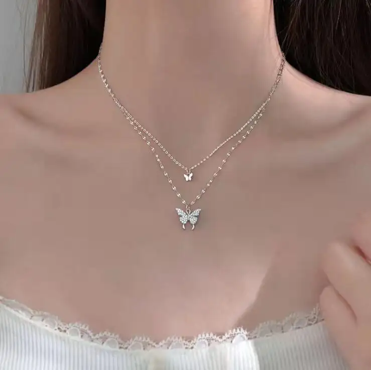 New Shiny Butterfly pendant Ladies Exquisite Double Layer Clavicle Chain Necklace Jewelry for women